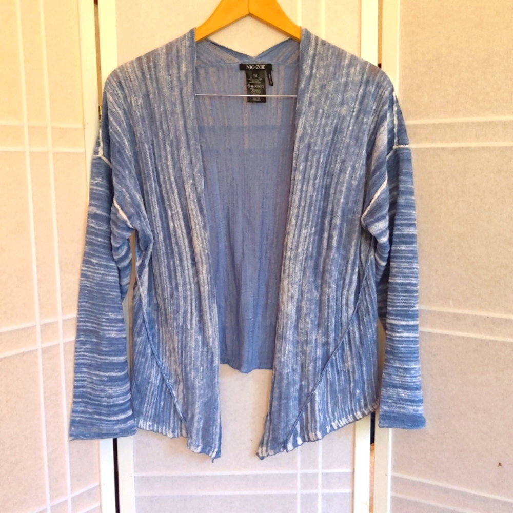 NWOT Nic + Zoe blue white linen cotton blend loginlook cardigan